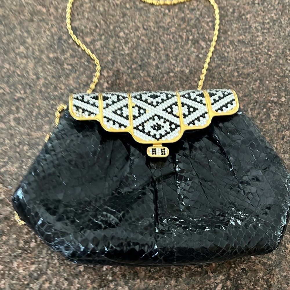 SASHA NY BLACK SNAKE SKIN GOLD CRYSTAL CHAIN CLUTCH BAG